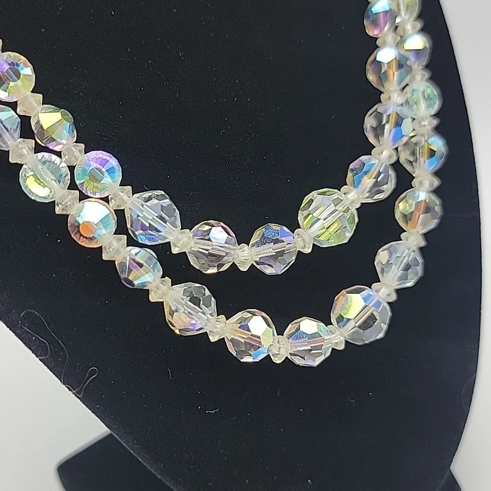 VTG Elegant 2 Strand Silver Crystal AB Aurora Borealis Necklace 15-18